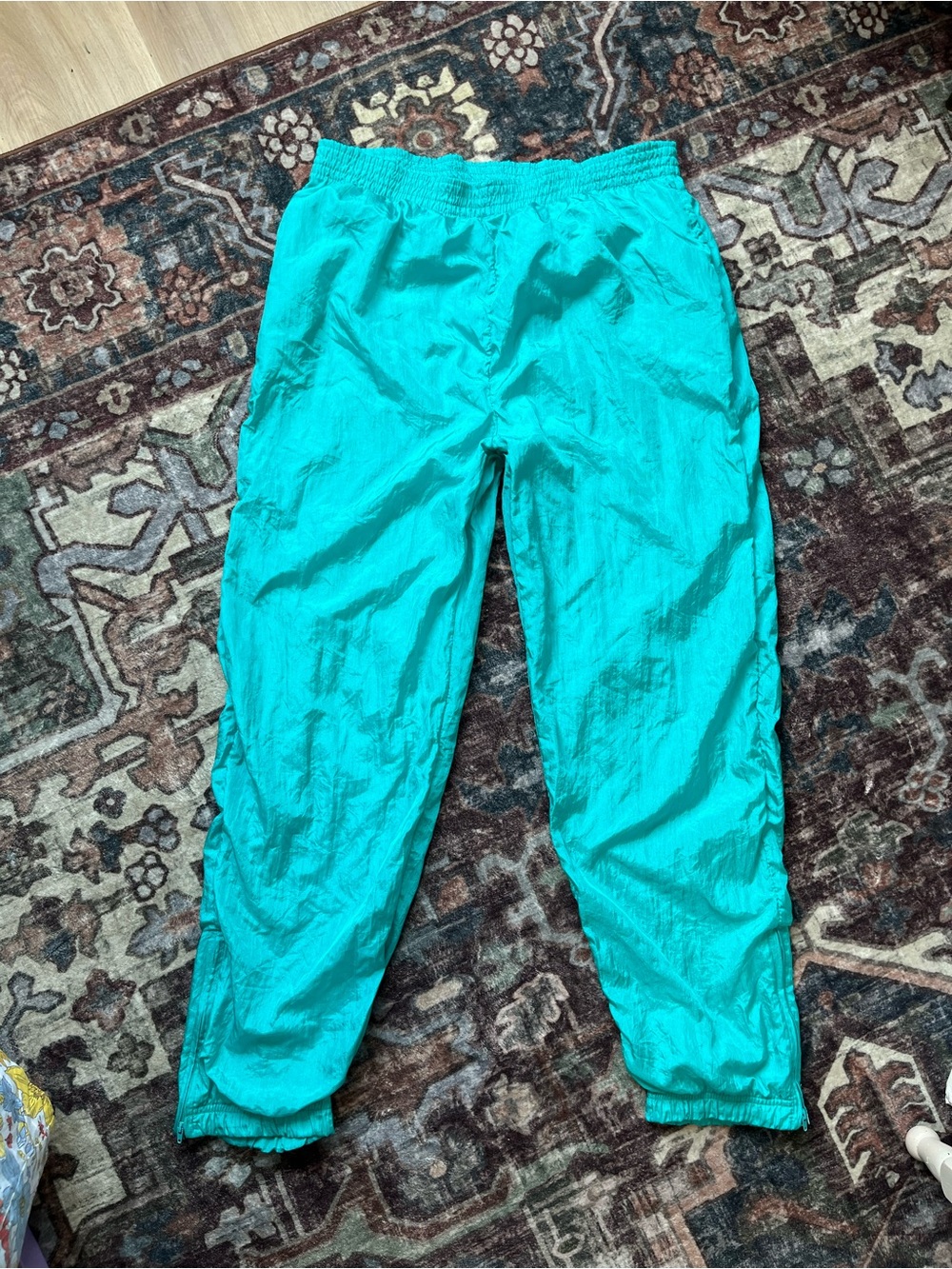 Women’s Vintage Teal Elastic-Waist Track Pants Windbreaker Joggers Lined L 32” W